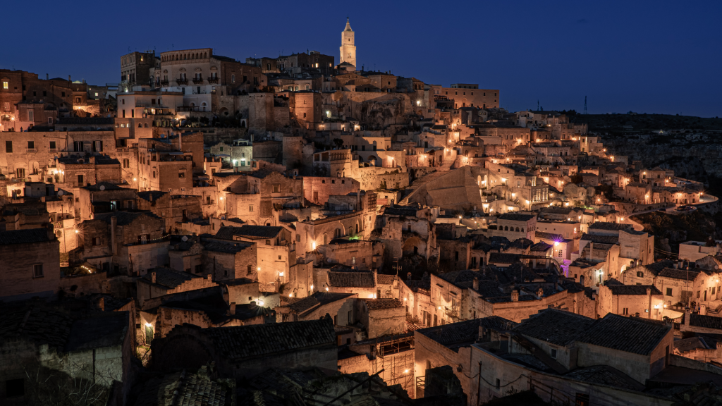 Nighttime skyline of Matera, Italy