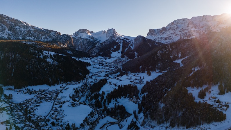 View of Val Gardena from above in the winter.