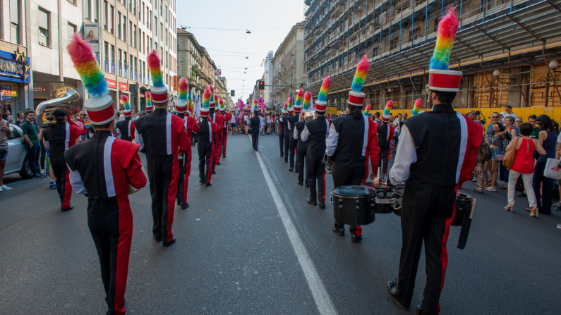 A marching band in the Milan Pride Parade